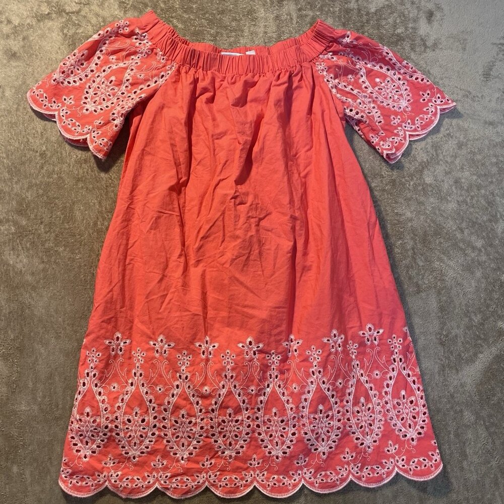 New York & Company Dress Women's Medium Coral Embroidered Eyelet Off Shoulder
